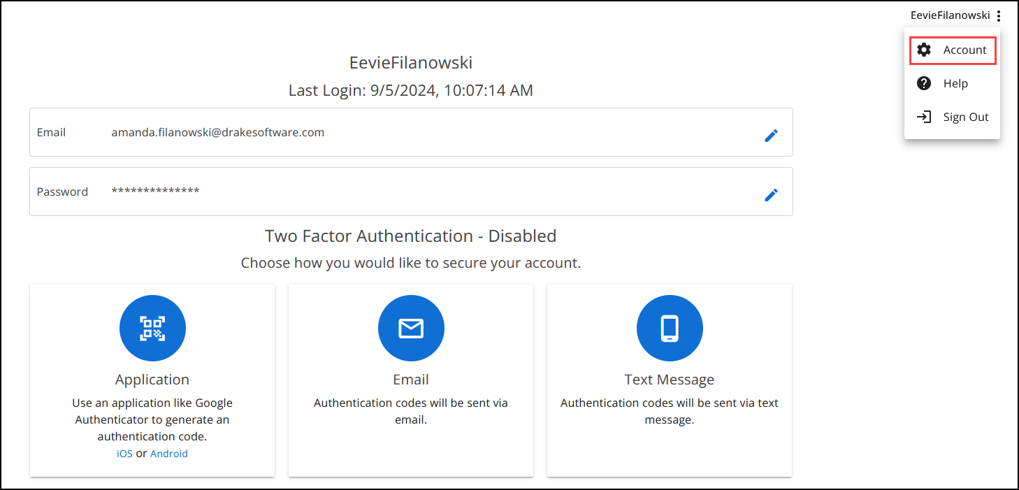 The Two Factor Authentication section of the Account page